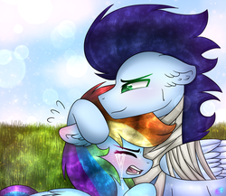 Size: 1024x890 | Tagged: safe, artist:northlights8, rainbow dash, soarin', pegasus, pony, g4, bandage, blushing, crying, eyes closed, female, male, mare, sad, ship:soarindash, shipping, stallion, straight