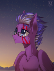 Size: 1000x1322 | Tagged: safe, artist:margony, oc, oc only, pegasus, pony, commission, glasses, looking up, scar, solo, stars