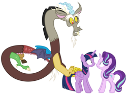 Size: 5922x4442 | Tagged: safe, artist:timeymarey007, discord, starlight glimmer, twilight sparkle, alicorn, draconequus, pony, unicorn, celestial advice, g4, .svg available, absurd resolution, discord the shipper, female, forced kiss, fudanshi, imminent kissing, lesbian, lesbian in front of boys, male, now kiss, ship:twistarlight, shipping, simple background, transparent background, twilight sparkle (alicorn), vector