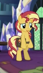 Size: 230x387 | Tagged: safe, screencap, sunset shimmer, pony, unicorn, equestria girls, equestria girls specials, g4, my little pony equestria girls: mirror magic, bag, bipedal, cropped, female, horn, mare, smiling