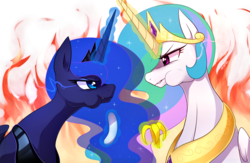 Size: 1549x1011 | Tagged: safe, artist:maren, princess celestia, princess luna, alicorn, pony, a royal problem, g4, aweeg*, banana, crown, duo, eating, eye contact, faceoff, female, food, herbivore, jewelry, looking at each other, magic, mare, peytral, regalia, royal sisters, simple background, telekinesis