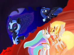 Size: 4000x3000 | Tagged: safe, artist:theunconsistentone, daybreaker, nightmare moon, princess celestia, princess luna, pony, a royal problem, g4, butt, crying, duality, floppy ears, grin, plot, smiling, sunbutt