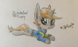 Size: 3622x2185 | Tagged: safe, artist:professionalpuppy, oc, oc only, oc:littlepip, pony, shiba inu, unicorn, fallout equestria, behaving like a dog, clothes, cute, doge, fanfic, fanfic art, female, high res, jumpsuit, mare, pipbuck, prone, simple background, solo, sploot, traditional art, vault suit, white background