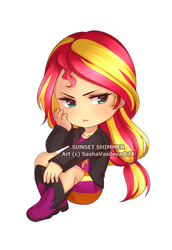Size: 550x800 | Tagged: safe, artist:sashavasileva, sunset shimmer, equestria girls, g4, chibi, cute, female, human coloration, pouting, shimmerbetes, simple background, sitting, solo, watermark