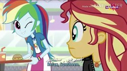 Size: 854x480 | Tagged: safe, screencap, rainbow dash, sunset shimmer, equestria girls, equestria girls specials, g4, clothes, female, food, one eye closed, subtitles, teletoon, wink