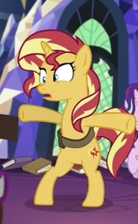 Size: 271x441 | Tagged: safe, screencap, starlight glimmer, sunset shimmer, pony, unicorn, equestria girls, equestria girls specials, g4, my little pony equestria girls: mirror magic, bipedal, cropped, horn, in the human world for too long, library, shrunken pupils, stumbling