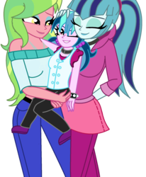 Size: 1378x1674 | Tagged: safe, artist:cbear624, lemon zest, sonata dusk, oc, oc:melody zest, equestria girls, g4, my little pony equestria girls: friendship games, my little pony equestria girls: rainbow rocks, breasts, carrying, clothes, family, female, lesbian, magical lesbian spawn, mother and daughter, offspring, older, parent:lemon zest, parent:sonata dusk, parents:lemonata, simple background, smiling, transparent background