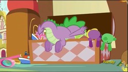 Size: 854x480 | Tagged: safe, screencap, spike, dragon, a flurry of emotions, g4, claws, discovery family logo, feet, male, toy, toy box