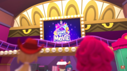 Size: 1366x768 | Tagged: safe, screencap, applejack, juniper montage, pinkie pie, human, pony, equestria girls, g4, my little pony: the movie, the show must go on, 3d, doll, equestria girls minis, female, food, hasbro, human ponidox, irl, my little pony logo, photo, popcorn, self ponidox, square crossover, toy, youtube link