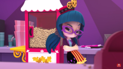 Size: 1366x768 | Tagged: safe, screencap, juniper montage, equestria girls, g4, 3d, doll, equestria girls minis, female, food, hasbro, irl, photo, popcorn, stare, toy, youtube link