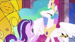 Size: 1280x720 | Tagged: safe, screencap, princess celestia, starlight glimmer, pony, a royal problem, g4, eyes closed, invisible stallion, lip bite, out of context