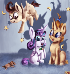 Size: 951x1000 | Tagged: safe, artist:shivannie, pound cake, princess flurry heart, pumpkin cake, whammy, alicorn, pegasus, pony, unicorn, g4, baby, looking at you, smiling, trio