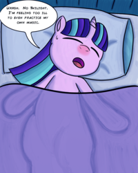 Size: 2400x3000 | Tagged: safe, artist:saburodaimando, starlight glimmer, pony, unicorn, g4, bed, blanket, cold, dialogue, eyes closed, female, high res, implied twilight sparkle, on back, open mouth, pillow, red nosed, sick, solo, sweat, sweatdrop