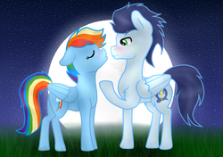 Size: 615x434 | Tagged: safe, artist:miserisyt, artist:shootingstaryt, rainbow dash, soarin', pony, g4, male, moon, night, ship:soarindash, shipping, straight