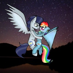 Size: 1024x1024 | Tagged: safe, artist:bubblesthewolf5678, rainbow dash, soarin', pony, g4, male, night, ship:soarindash, shipping, stars, straight, watermark