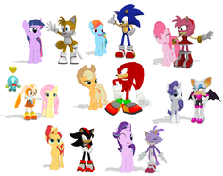Size: 1024x812 | Tagged: safe, artist:harmonybunny2021, applejack, fluttershy, pinkie pie, rainbow dash, rarity, starlight glimmer, sunset shimmer, twilight sparkle, pony, g4, 3d, amy rose, blaze the cat, cream the rabbit, crossover, knuckles the echidna, male, mane six, miles "tails" prower, mmd, rouge the bat, shadow the hedgehog, sonic the hedgehog, sonic the hedgehog (series)