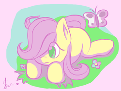 Size: 1600x1200 | Tagged: safe, artist:shapeshifter-fire, fluttershy, butterfly, pegasus, pony, g4, blank flank, colored pupils, cute, female, filly, filly fluttershy, hair over one eye, looking at something, prone, shyabetes, solo, younger