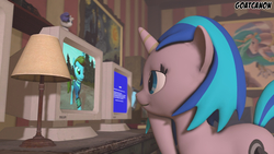 Size: 3840x2160 | Tagged: safe, artist:goatcanon, princess celestia, rarity, oc, oc:homage, oc:littlepip, pony, unicorn, fallout equestria, g4, blue screen of death, clothes, cute, fanfic, fanfic art, female, high res, hooves, horn, jumpsuit, lamp, lesbian, mare, ministry mares, ministry mares statuette, monitor, pipbuck, rarity plushie, solo, vault suit