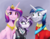 Size: 6600x5100 | Tagged: safe, artist:silfoe, princess cadance, princess flurry heart, shining armor, alicorn, pony, unicorn, g4, absurd resolution, black lipstick, choker, clothes, commission, dyed mane, ear piercing, emo, eyebrow piercing, family photo, female, fishnet stockings, floppy ears, forced smile, goth, grin, it's a phase, jewelry, lipstick, male, mare, necklace, older, piercing, princess emo heart, ship:shiningcadance, shipping, smiling, stallion, straight, teenage flurry heart, teenager