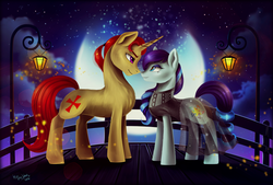 Size: 1024x691 | Tagged: safe, artist:das_leben, coloratura, oc, oc:bernard monroe, earth pony, pony, unicorn, g4, bridge, canon x oc, clothes, female, full moon, looking at each other, male, mare, moon, night, smiling, stallion, straight