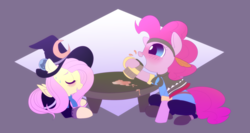 Size: 1006x534 | Tagged: safe, artist:ponycide, fluttershy, pinkie pie, pony, g4, bard, blushing, clothes, drinking, drunk, fantasy class, final fantasy, final fantasy iii, magus, roleponies, simple background, table