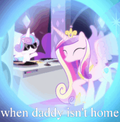 Size: 506x515 | Tagged: safe, edit, edited screencap, screencap, princess cadance, princess flurry heart, alicorn, pony, a royal problem, g4, season 7, animated, context is for the weak, cropped, cute, cutedance, dancing, dj flurry heart, dream, dream orbs, duo, female, flurrybetes, gif, image macro, implied shining armor, meme, mother and daughter, speaker, stabilized, sunglasses, the club can't even handle me right now, turntable, vine video, when mama isn't home