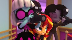 Size: 1920x1080 | Tagged: safe, screencap, photo finish, sunset shimmer, equestria girls, g4, camera, cinema, doll, equestria girls minis, female, irl, photo, toy