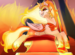 Size: 1100x800 | Tagged: safe, artist:passigcamel, daybreaker, alicorn, pony, a royal problem, g4, armor, fangs, female, grin, looking at you, mane of fire, mare, sharp teeth, smiling, solo, teeth, throne