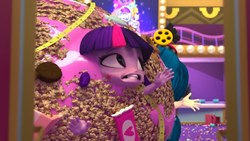 Size: 1920x1080 | Tagged: safe, screencap, juniper montage, twilight sparkle, equestria girls, g4, candy, candy bar, cinema, doll, equestria girls minis, female, food, irl, photo, toy, wat