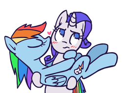 Size: 734x561 | Tagged: safe, rainbow dash, rarity, pony, g4, blushing, carrying, cheek kiss, female, kissing, lesbian, ship:raridash, shipping, simple background, white background