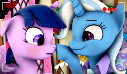 Size: 1853x1080 | Tagged: safe, artist:blackfalcon8, trixie, twilight sparkle, alicorn, pony, unicorn, g4, 3d, boop, cute, diatrixes, twiabetes