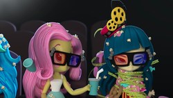 Size: 1920x1080 | Tagged: safe, screencap, fluttershy, juniper montage, equestria girls, g4, the show must go on, 3d glasses, cinema, doll, equestria girls minis, female, irl, movie, photo, soda, tangled up, ticket, toy