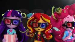 Size: 1920x1080 | Tagged: safe, screencap, pinkie pie, sunset shimmer, twilight sparkle, equestria girls, g4, 3d glasses, cinema, doll, equestria girls minis, female, irl, movie, photo, toy