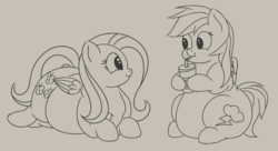 Size: 1013x552 | Tagged: safe, artist:andelai, fluttershy, rainbow dash, pegasus, pony, g4, belly, duo, duo female, fat, fattershy, female, lineart, mare, monochrome, obese, rainblob dash, simple background