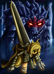 Size: 915x1250 | Tagged: safe, artist:jamescorck, applejack, earth pony, pony, g4, anime, armor, berserk, clothes, crossover, female, mare, monster, mouth hold, scar, solo, sword, weapon