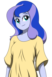 Size: 732x1080 | Tagged: safe, artist:rosemile mulberry, princess luna, vice principal luna, equestria girls, g4, clothes, cute, female, lunabetes, oversized clothes, shirt, simple background, smiling, solo, white background