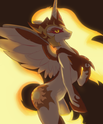 Size: 1440x1728 | Tagged: safe, artist:grissaecrim, daybreaker, alicorn, pony, semi-anthro, a royal problem, g4, fangs, female, helmet, looking at you, mare, rearing, smiling, solo, spread wings, wings