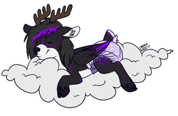 Size: 1200x789 | Tagged: safe, artist:laydeekaze, oc, oc only, oc:druly, hybrid, antlers, cloud, cute, diaper, non-baby in diaper, poofy diaper, simple background, sleeping, solo