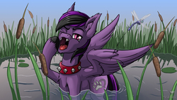 Size: 2000x1125 | Tagged: safe, artist:starbat, oc, oc only, dragonfly, pony, collar, commission, fangs, male, pond, solo, spiked collar, stallion, water, yawn