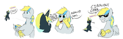 Size: 2784x890 | Tagged: safe, artist:testostepone, oc, oc only, oc:cirrus sky, oc:electro current, hippogriff, pony, cirrent, colored, comic, dialogue, pun, sunglasses