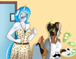 Size: 1024x795 | Tagged: safe, artist:blackblood-queen, oc, oc only, oc:bubble lee, oc:imago, oc:lady lovegreen, dracony, hybrid, unicorn, anthro, anthro oc, blushing, breasts, broken horn, clothes, dress, female, glasses, horn, magic, mother, paint, story in the source, story included