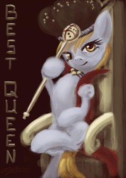 Size: 1280x1811 | Tagged: safe, artist:desertfox500, derpy hooves, pony, g4, 30 minute art challenge, female, scepter, sitting, solo, throne