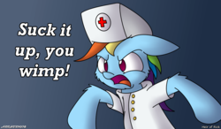 Size: 1372x800 | Tagged: safe, artist:arthur9078, artist:heir-of-rick, rainbow dash, pegasus, pony, g4, angry, bedside manner, dialogue, female, floppy ears, gradient background, hat, nurse, nurse outfit, open mouth, rainbow douche, simple background, solo, yelling