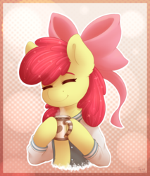 Size: 1700x2000 | Tagged: safe, artist:spirit-dude, apple bloom, earth pony, pony, g4, adorabloom, bow, chocolate, clothes, cup, cute, eyes closed, female, filly, food, hair bow, hot chocolate, smiling, solo