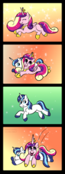 Size: 581x1538 | Tagged: safe, artist:haretrinity, princess cadance, shining armor, pony, g4, comic, cuddling, cute, cutedance, glomp, missing cutie mark, prone, smiling