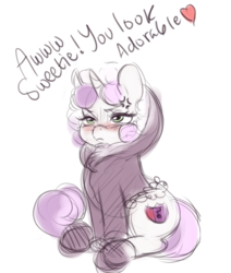 Size: 495x584 | Tagged: safe, artist:mrscurlystyles, sweetie belle, pony, g4, clothes, cross-popping veins, cutie mark, female, filly, hoodie, simple background, sketch, solo, sweetie belle is not amused, the cmc's cutie marks, unamused, white background, wip