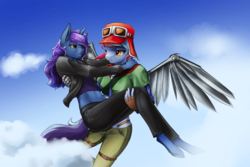 Size: 1800x1200 | Tagged: safe, artist:d-lowell, oc, oc only, oc:co-pilot, oc:therazine, pegasus, anthro, unguligrade anthro, amputee, carrying, clothes, commission, female, flying, lesbian, metal arm, oc x oc, prosthetic arm, prosthetic limb, prosthetic wing, prosthetics, shipping, smiling