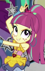 Size: 522x815 | Tagged: safe, screencap, sour sweet, equestria girls, equestria girls specials, g4, my little pony equestria girls: dance magic, cropped, disco dress, ear piercing, earring, female, jewelry, peace sign, piercing, solo