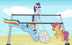 Size: 1600x1000 | Tagged: safe, artist:eulicious, rainbow dash, rarity, scootaloo, pegasus, pony, unicorn, g4, beach, cloud, implied lesbian, implied rarijack, implied shipping, net, sweat, volleyball, water