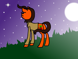 Size: 4000x3000 | Tagged: safe, artist:smannawarp, oc, oc only, oc:tomato sandwich, earth pony, pony, business suit, clothes, facing away, fanart, glasses, grass, high res, moon, night, solo, stars, wind, windswept hair, windswept mane